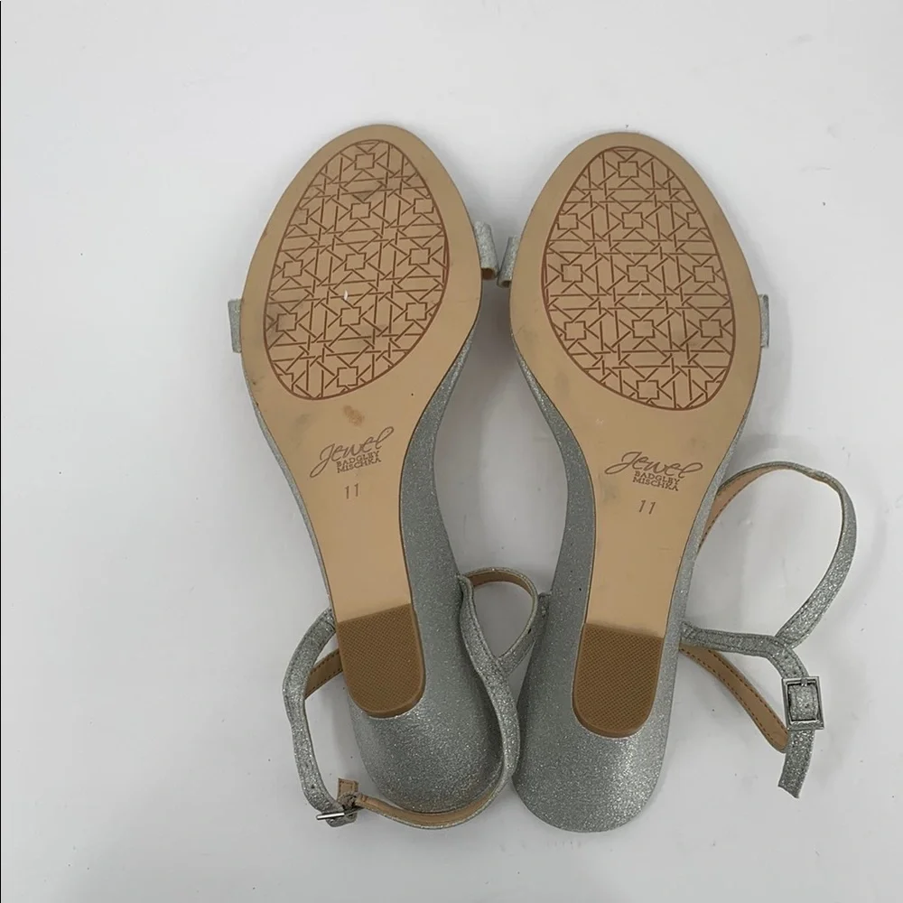 Jewel Badgley Mischka wedge shoe silver metallic glitter clear crystal sandal 11